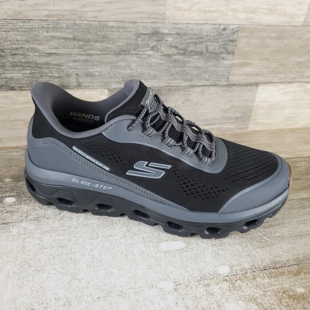 Skechers Glide Step Mens Hiking Shoes Sz 8.5 Black Charcoal Mesh Lace Up Sneaker